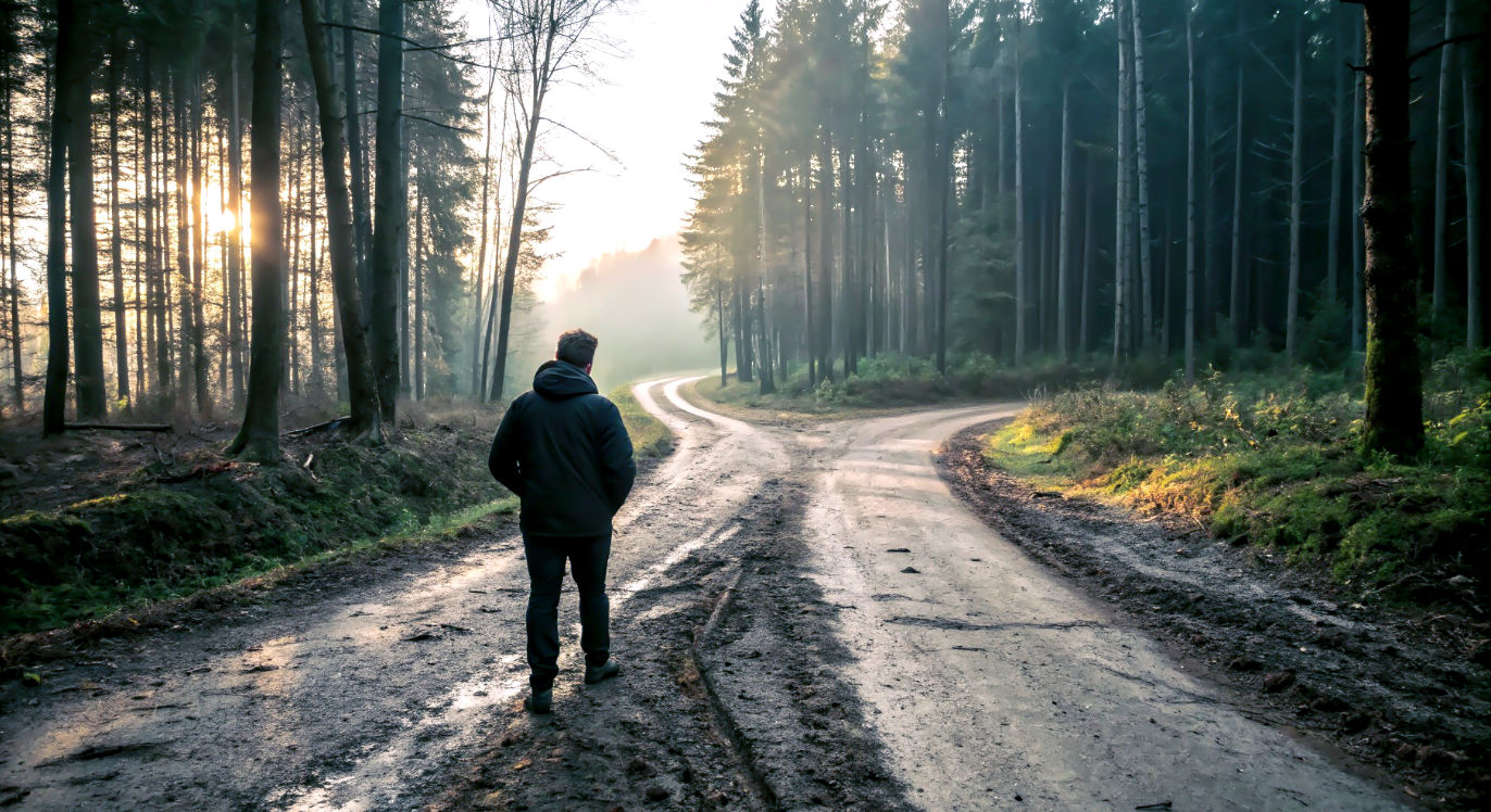 A symbolic, professional photograph of a person standing at a fork in a path within a forest. One path is wide, muddy, and chaotic, representing the old, boundary-less dynamic. The other path is clearer, though less traveled, and leads toward a clearing filled with warm, hopeful sunlight. The person is captured from behind, thoughtfully looking down the clearer path, symbolizing the moment of hesitation and courage before choosing a new, healthier way forward. The mood is contemplative, slightly uncertain, but ultimately hopeful.