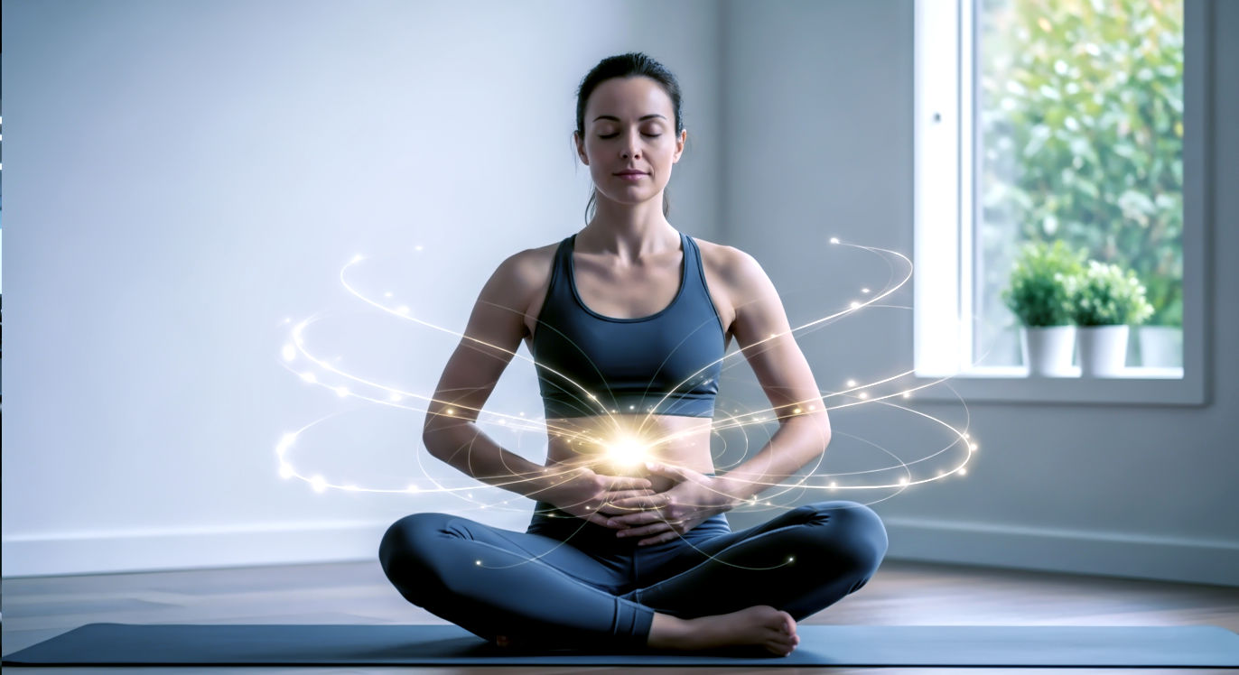 Professional DSLR photo, 16:9, serene, natural lighting. Subject: A woman in a comfortable, relaxed seated position (e.g., cross-legged on a yoga mat) with their eyes gently closed, hands resting on their abdomen. Their posture is upright and calm. Foreground: A subtle visual representation of a '360-degree breath' using very light, ethereal, glowing lines radiating from the core area, suggesting expansion. Background: A peaceful, minimalist space, perhaps with a soft window light or a hint of greenery, evoking calm and focus. Mood: Calm