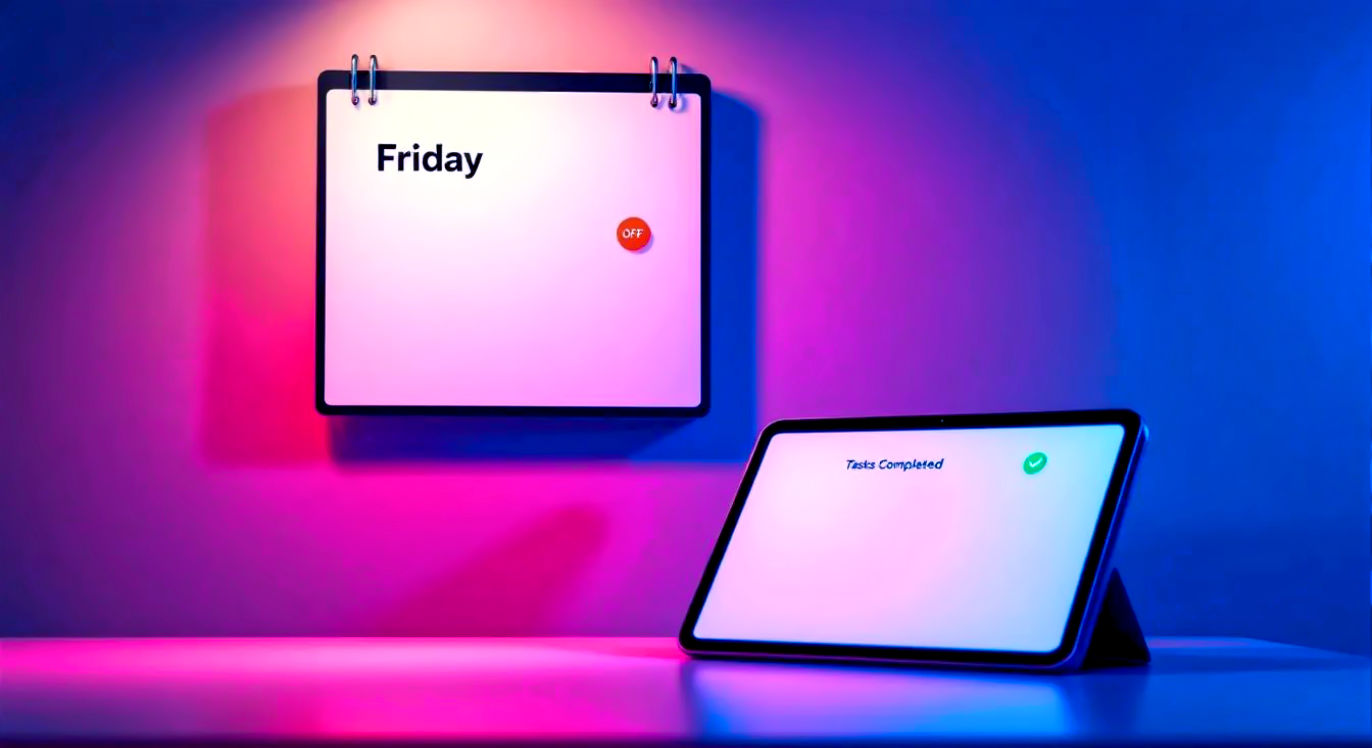 A sleek, optimistic photograph. A modern office calendar on a wall shows a 4-day work week, with "Friday" clearly marked as "OFF." On the desk below, a tablet screen displays a clean, friendly AI assistant interface that has "Tasks Completed" with a green checkmark. The mood is efficient, calm, and futuristic.
