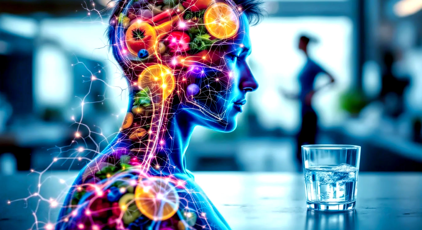 Professional DSLR photo, 16:9, clean, bright light. Subject: A dynamic, close-up shot of a human nervous system diagram (simplified, glowing lines representing nerves) overlaid on a person's torso and head, subtly integrated with images of healthy, vibrant food (e.g., colorful fruits and vegetables) and a strong, active silhouette (e.g., mid-stretch or jog). Foreground: A glass of water, condensation visible, in sharp focus. Background: A very subtly blurred laboratory or gym setting. Mood: Dynamic. Note: NO text, NO abstract graphics. This image should visually link the physical body's systems (nervous, nutritional, active) to overall well-being.