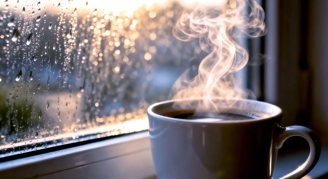Macro shot, 16:9, soft morning light. A steaming cup of coffee next to a window with raindrops. Focus on the steam. Mood: Peaceful.