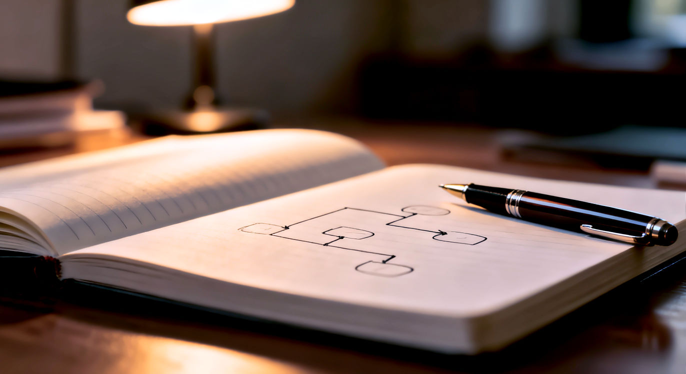 Professional DSLR photo, 16:9, golden-hour side light. Subject: A high-quality, professional notebook open to a page with a clean, hand-drawn diagram (like a simple flowchart or framework) with a sophisticated pen resting beside it. Foreground: The tip of the pen and the texture of the thick paper. Background: A warm, softly blurred study or office environment, perhaps with a lamp. Mood: Deliberate. Note: NO text, NO abstract graphics. The image should convey intentional learning and planning.