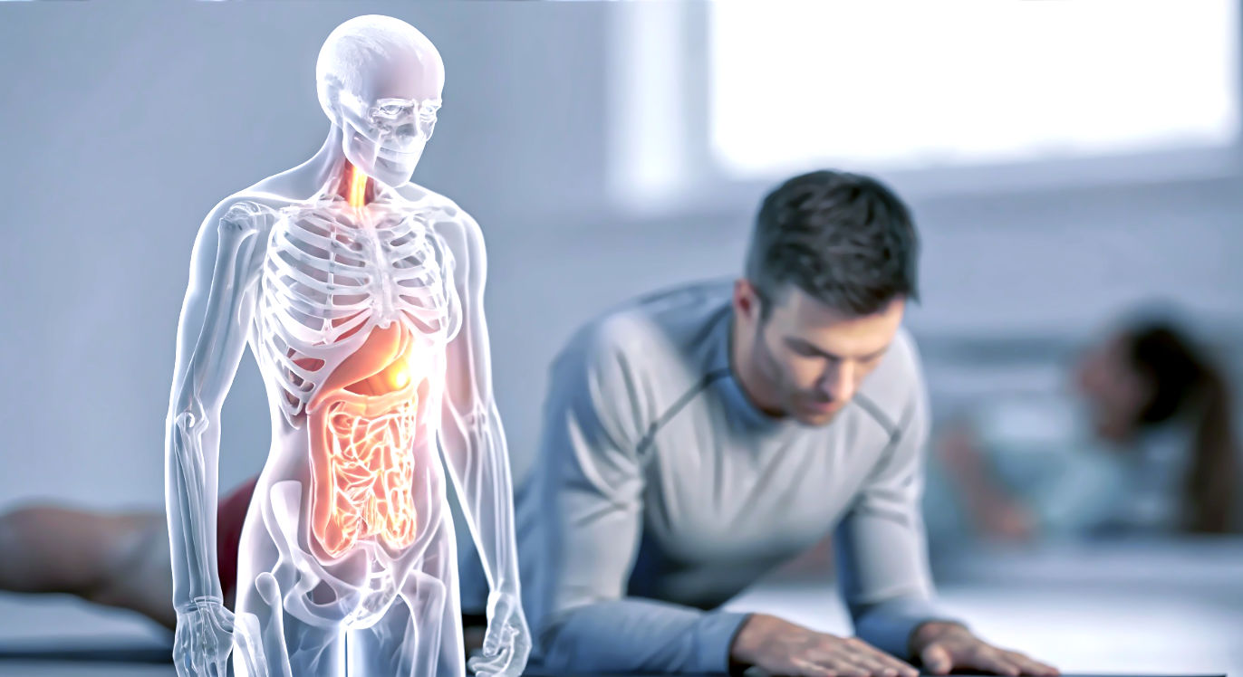 Professional DSLR photo, 16:9, soft studio lighting. Subject: A stylized, translucent 3D anatomical model of the human core musculature (diaphragm, transverse abdominis, obliques, pelvic floor, multifidus), subtly glowing from within. In front of it, slightly blurred, are two simplified, flat, 2D outlines of a generic "crunch" and a "plank" exercise. Foreground: The complex, interwoven fibers of the 3D core model are clearly visible. Background: A clean, minimalist grey or white background, emphasizing the contrast between 2D and 3D. Mood: Informative