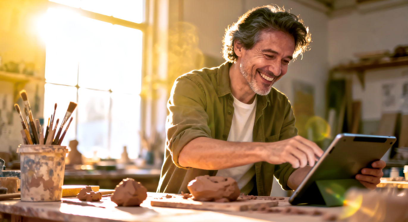 A vibrant, professional, eye-level photograph of a person in their late 30s, smiling and fully absorbed in their creative work. They are standing at a workbench in a bright, slightly messy studio, perhaps sculpting with clay or designing on a tablet. The shot captures a sense of dynamic motion and joyful focus. Bright, natural light streams in from a nearby window, illuminating the scene and conveying a feeling of energy, optimism, and creative flow. The background is softly blurred, keeping the focus entirely on the person and their active engagement.