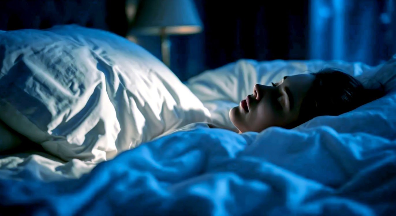 > Professional DSLR photo, 16:9, deep, calming twilight or moonlight. > **Subject**: A soft, inviting bed with rumpled white sheets and a single, plush pillow, suggesting imminent rest. > **Foreground**: The very subtle outline of a person's head just settling onto the pillow, with eyes closed (only the back of the head/hair visible). > **Background**: A softly blurred bedroom interior, with a hint of dark window or bedside lamp. > **Mood**: Tranquil > **Note**: NO text, NO abstract graphics. The image should evoke deep relaxation and sleep.