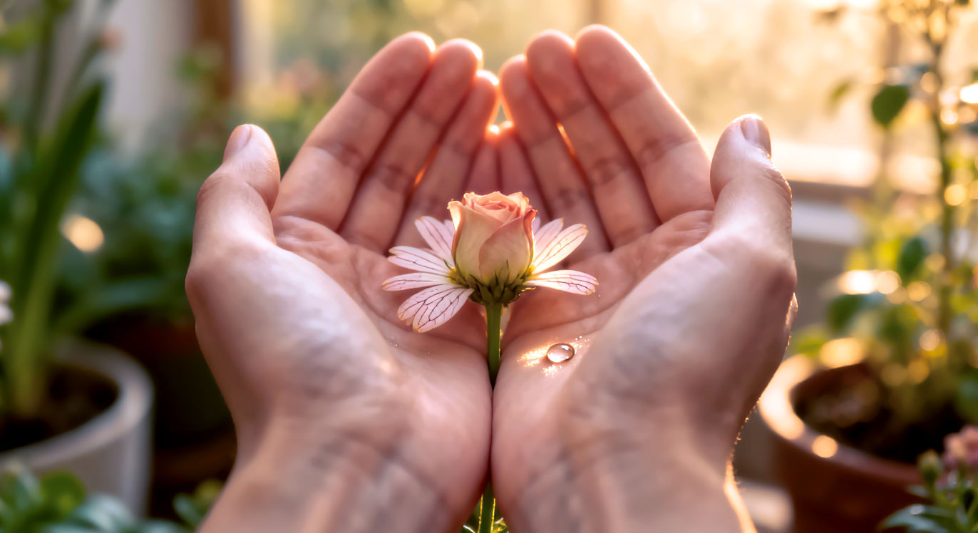 Professional DSLR photo, 16:9, warm, diffused light. Subject: A person's hands gently cradling a small, delicate, blooming flower (e.g., a fragile rosebud or a daisy) against a soft, blurred natural background. The hands are clean and show a sense of care. Foreground: A single drop of water on one of the petals, catching the light. Background: A softly blurred garden or indoor plant setting. Mood: Gentle. Note: NO text, NO abstract graphics. This image symbolizes nurturing, kindness, and protection, relating to self-compassion.
