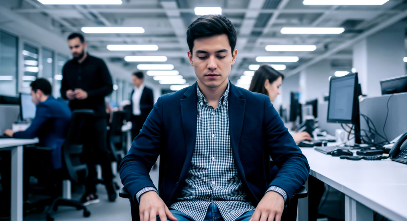 A professional, lifelike photograph capturing the exact moment of the reset. A person is sitting in a busy, open-plan office. Their eyes are not fully closed but lowered, with a soft, unfocused gaze directed at their desk. Their posture is upright but relaxed, and their hands are visible resting on their thighs. The lighting is bright office lighting, but the person's calm expression creates a strong contrast to the blurred motion of the busy office visible behind them. The mood is one of creating a personal, quiet sanctuary in a public space.
