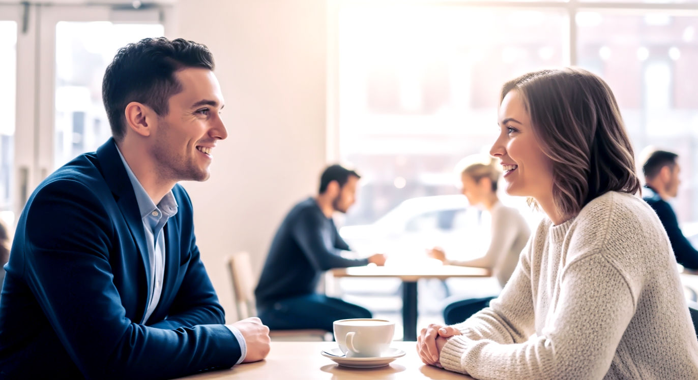 A professional, reassuring photograph depicting a person (late 20s-30s) confidently meeting a new acquaintance for the first time in a bright, public coffee shop. The setting is safe and open, with other patrons visible in the background, but the focus is on the two individuals. They are making eye contact, smiling warmly, and perhaps a coffee cup is between them. The mood is positive, authentic, and safe, with soft, inviting lighting and a composition that suggests ease and genuine connection without being overly intimate.