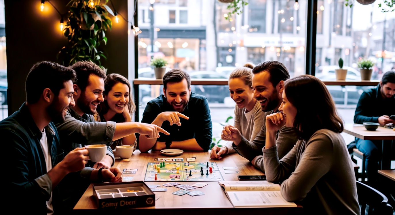A vibrant, professional photograph capturing a diverse group of adults (20s-40s) engaged in a shared hobby in a public setting. For example, a group happily playing a board game at a café, or laughing during a casual book club meeting at a library, or actively hiking on a scenic trail. The composition should convey a sense of genuine connection and camaraderie, with warm, natural light emphasizing the positive, social interaction. The focus is on the *activity* bringing people together, with subtle hints of technology (e.g., someone checking their phone for event details) in the background.