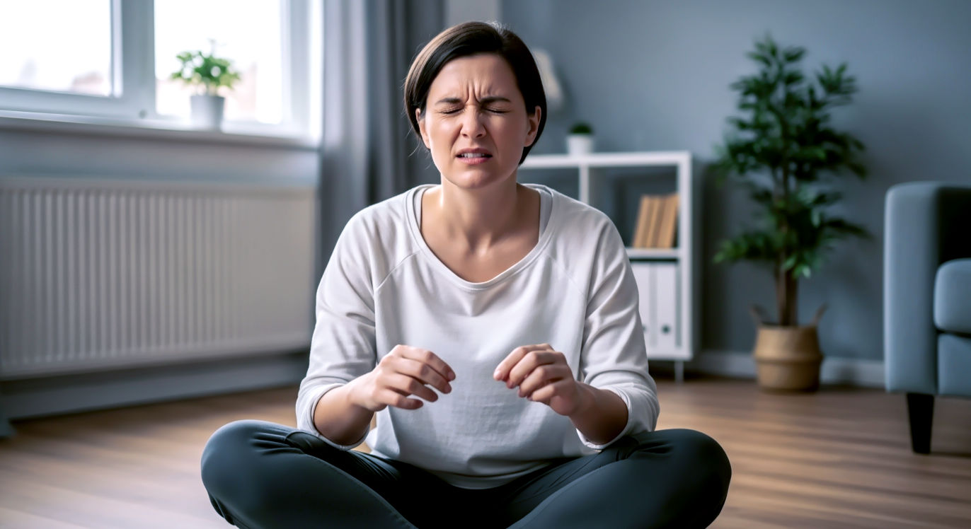 A professional, lifelike photograph capturing relatable frustration. A person sits cross-legged on a floor cushion in a living room, attempting to meditate. Their eyes are squeezed shut tightly, and their brow is furrowed in concentration, not relaxation. Their hands are fidgeting in their lap. The lighting is simple, natural daylight from a window, highlighting the clear expression of internal restlessness and the thought "Am I doing this right?" The mood is one of mild, relatable frustration and effort.