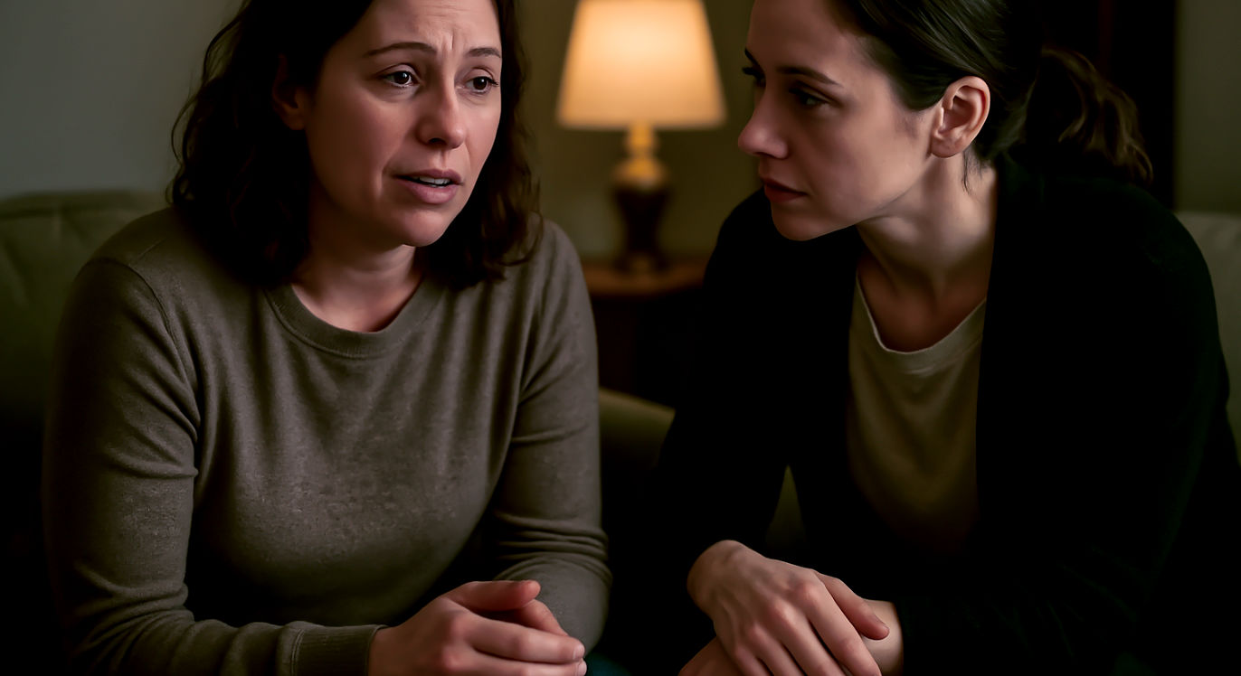A professional, lifelike photograph capturing an intimate, quiet moment. Two adult friends are sitting on a comfortable sofa in a dimly lit, cozy living room. One friend is speaking, their expression open and vulnerable. The other friend leans forward, listening with focused, compassionate attention, their body language conveying complete safety and non-judgment. The composition is a tight medium shot, emphasizing their facial expressions and the secure emotional atmosphere. The lighting is soft and warm, perhaps from a single table lamp, creating a private, trusting mood.