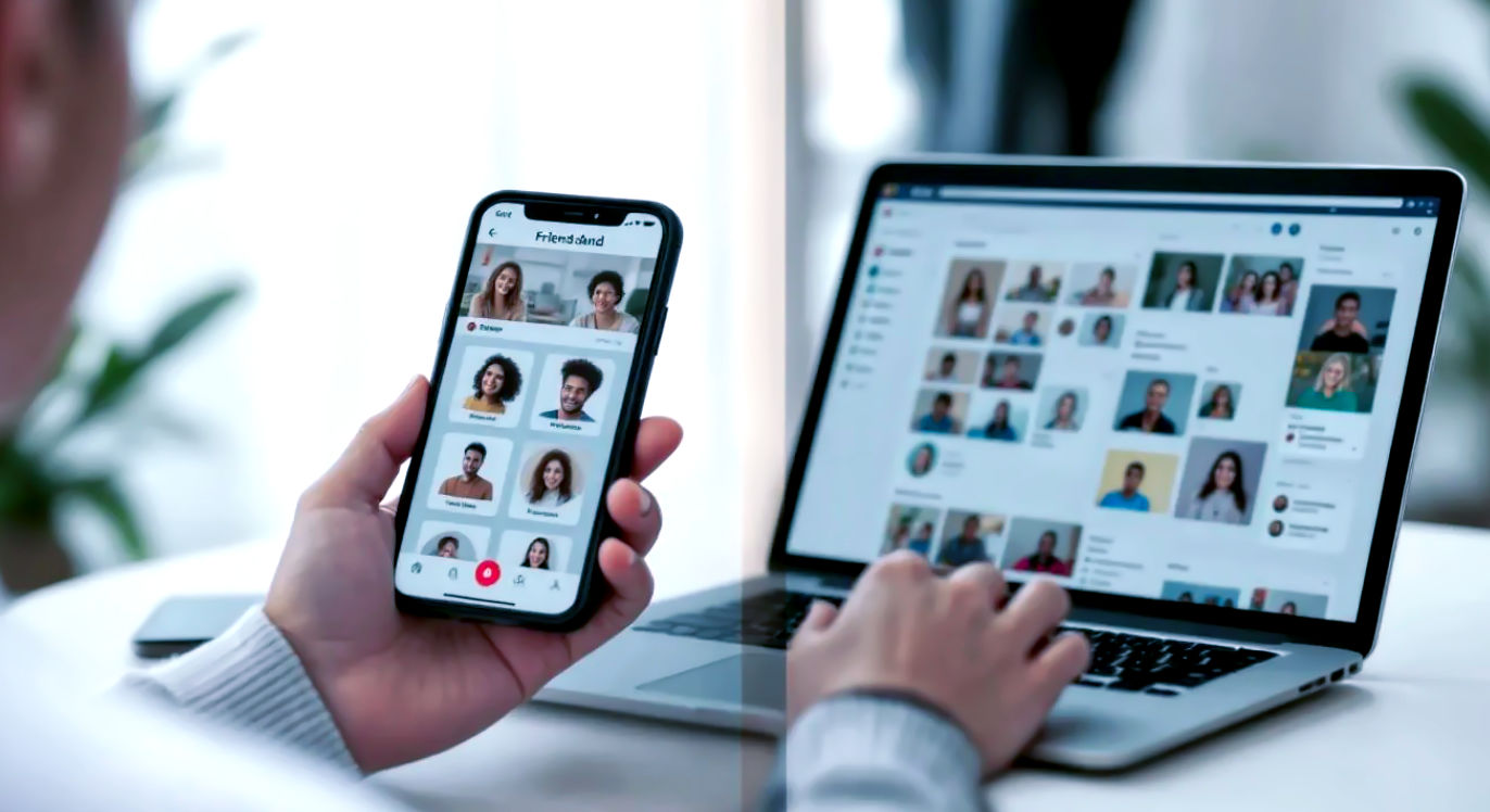 A split-screen or side-by-side professional photograph visually contrasting two different approaches to digital friendship. On one side, a close-up of a hand holding a smartphone displaying a "swipe" interface with profile cards, suggesting individual connections. On the other side, a slightly wider shot of a laptop screen or tablet showing a detailed community event calendar or a group forum, with diverse avatars, suggesting group activities. The lighting is balanced and inviting, with a focus on clear differentiation between the 'app' and 'website' concepts. The background should be neutral and modern, enhancing the clarity of the devices.
