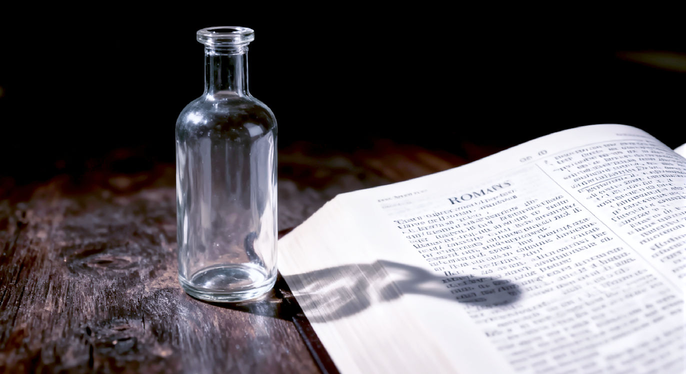 Professional DSLR photo, 16:9, dramatic side light. Subject: A single, clear, antique glass medicine bottle standing next to an open Bible. Foreground: The Bible is open to the Book of Romans, with the bottle's shadow just touching the page, illustrating the "spiritual medicine" analogy. Background: A dark, textured wooden surface, softly out of focus. Mood: Definitive. Note: NO text, NO abstract graphics. The bottle should be empty and clear, emphasizing purity of the concept.