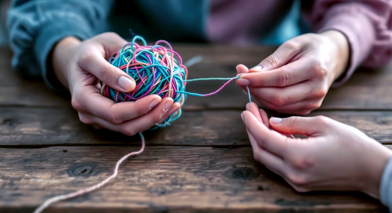 A professional, close-up photograph focusing on a small, rustic wooden table. On one side, a person's hands are shown gripping a tangled, knotted ball of colorful yarn. On the other side of the table, a second person's calm, steady hands are shown, gently isolating a single thread from the knot and straightening it out across the table. The lighting is soft and focused, creating a clear, supportive mood. This visual metaphor captures the process of a coach helping a client find clarity within the "tangle" of their creative block.