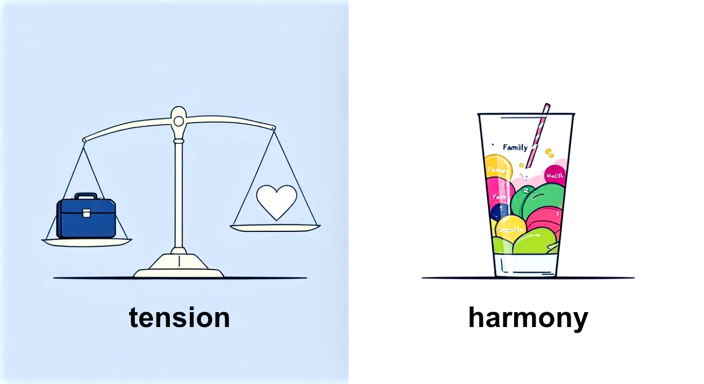 A clean, modern graphic. On the left, a traditional, rigid metal balance scale, unevenly tipped, with a "briefcase" on one side and a "heart" on the other, conveying tension. On the right, a clear glass showing a vibrant, perfectly blended smoothie, with visible swirls of color labeled "Career," "Family," and "Health," representing a harmonious mix. The style is minimalist and illustrative.
