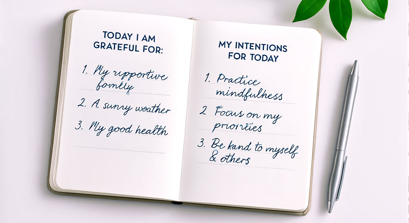 A clean, brightly lit flat-lay photograph of an open guided journal on a minimalist desk. The pages are neatly filled with optimistic handwriting, showing clear answers to gratitude and intention prompts. A single elegant pen rests beside it, and a small, vibrant green plant is subtly in the background, conveying growth, clarity, and a fresh start. The overall mood is calm, organized, and inspiring.