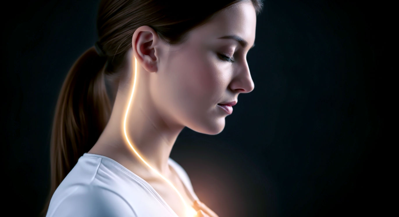 A clean, professional, conceptual photograph. A woman is seen from a side profile, their eyes closed and a look of deep, peaceful concentration. A very soft, warm, golden light is artfully overlaid on the image, tracing a subtle path from the base of their skull, down their neck, and into their chest, visually representing the calming signal of the vagus nerve. The background is simple and dark. The mood is scientific, serene, and focused on the internal bodily process of achieving calm.