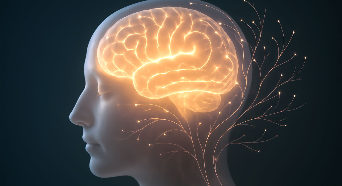 A professional, high-definition, and conceptual photograph illustrating a "rewiring" of the brain due to gratitude. The image features a stylized, translucent human head or brain model, glowing softly with warm, golden light emanating from within. Around and subtly intertwining with this glowing brain are delicate, illuminated neural pathways (like fine, glowing threads) that appear to be growing or strengthening, expanding outwards in gentle, positive patterns. The background is a clean, minimalistic, dark or soft-grey to emphasize the brain's glow. The overall mood is one of quiet power, hope, and internal transformation.