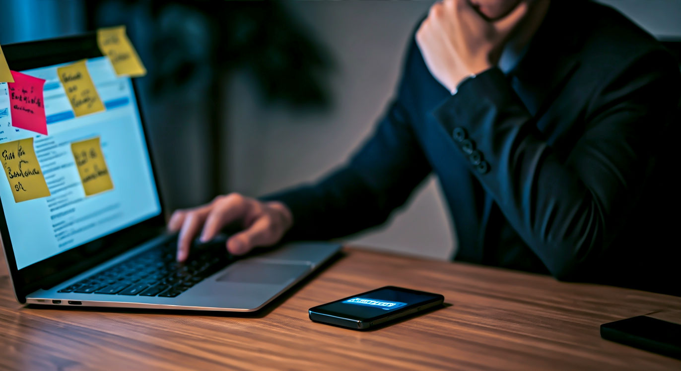 A close-up, high-angle professional photograph focusing on a person's desk in a modern office. The person is sitting, but their face is out of focus in the background, showing a pained, hesitant expression. The desk is cluttered with conflicting demands: a laptop screen shows 10+ unread emails, a smartphone is lit up with a "URGENT" text message, and multiple colorful sticky notes are plastered on the monitor, each with a demanding (but different) request. The person's hands are visible, one hovering nervously over the mouse, the other clenched slightly by their side. The lighting is slightly dim, like an office after 6 PM, with the cool glow of the screens illuminating the stress. The mood is one of anxiety, pressure, and indecision.