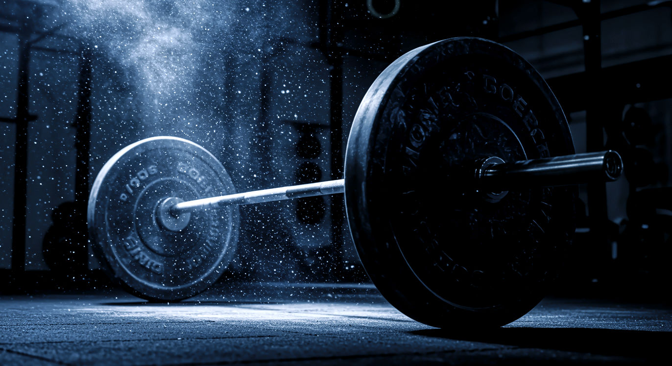 Professional DSLR photo, 16:9, dramatic low-angle shot. Subject: A heavily loaded barbell on the floor, captured from just behind the weight plates, ready for a deadlift. Foreground: Chalk dust particles hanging in the air, illuminated by a single, strong light source. Background: A gritty, dark gym floor with power racks and other equipment blurred into the distance. Mood: Powerful Note: NO text, NO abstract graphics. No people. Focus on the potential energy of the lift.