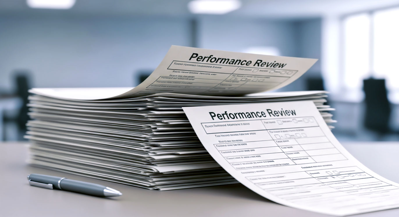 Professional DSLR photo, 16:9, soft, even lighting. Subject: A stack of identical, faded "Performance Review" paper forms, haphazardly piled, with one form falling off the top. Foreground: A single, forgotten, dusty pen resting beside the pile. Background: A blurred, sterile office cubicle. Mood: "Stagnant"