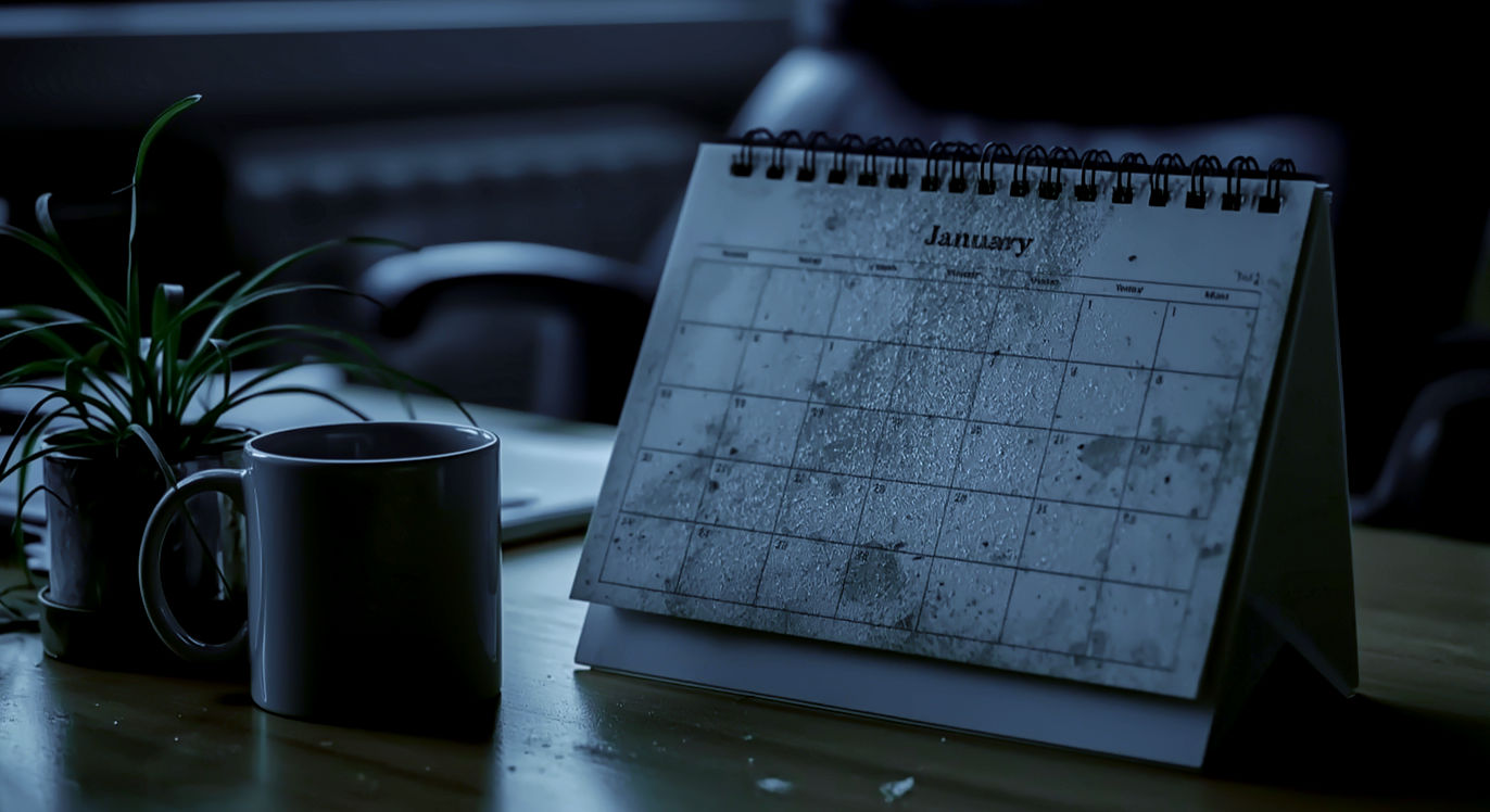 Professional DSLR photo, 16:9, cool indoor light. Subject: A forgotten desk calendar, still flipped to "January," with a layer of dust. Foreground: An abandoned, half-empty coffee mug and a wilting desk plant next to the calendar. Background: A slightly out-of-focus and empty office chair, implying a lack of presence or attention. Mood: Neglected Note: NO text, NO abstract graphics.
