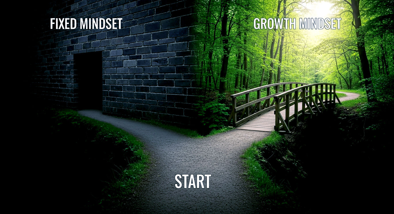 Professional DSLR photo, 16:9, neutral overhead light. Subject: A single path that comes to a fork. One path leads to a high, solid brick wall, symbolizing a "Fixed Mindset." The other path becomes a small, elegant wooden bridge over a gap, continuing into a green, sunlit forest, symbolizing a "Growth Mindset." Foreground: The start of the path, clear and focused. Background: The distinct and contrasting destinations: the dark wall and the bright forest. Mood: Decisive Note: NO text. The focus is on the clear choice between a dead end and a path forward (the bridge).