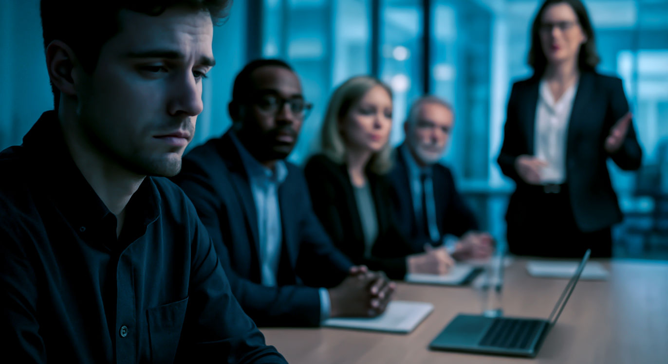 A professional, realistic photograph capturing a modern office meeting. In the foreground, a person sits silently at the conference table, their expression anxious and overlooked. The composition uses a shallow depth of field, making this person slightly out of focus. The sharp focus is on a confident colleague standing at the other end of the table, who is actively presenting and has the full, engaged attention of the leadership team. The lighting on the silent person is slightly cooler and dimmer, emphasizing their invisibility and the "invisible wall" holding back their career.