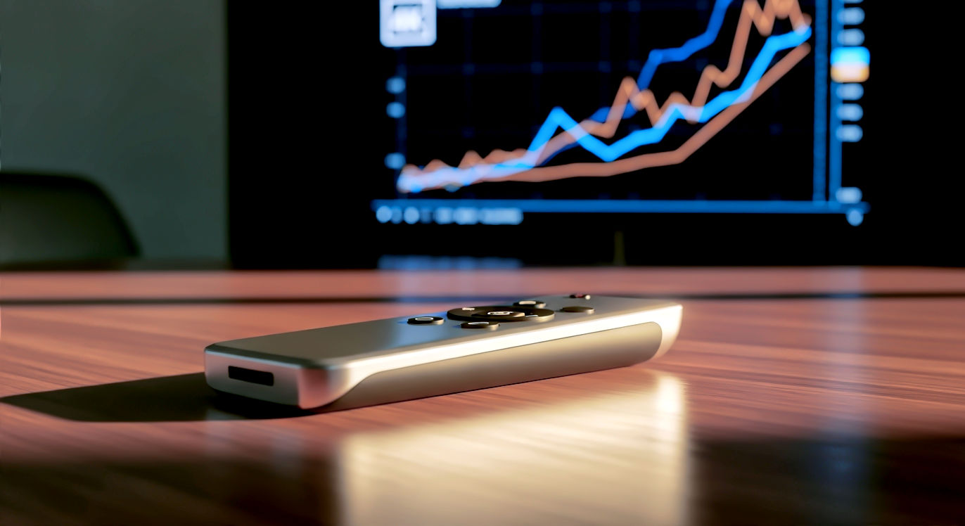 A hyper-realistic, cinematic photograph of a sleek wireless presentation remote sitting on a polished walnut boardroom table. Golden hour sunlight hitting the aluminum chassis. In the background, a blurred 4K TV screen showing a financial graph. High resolution, 8k, shallow depth of field.