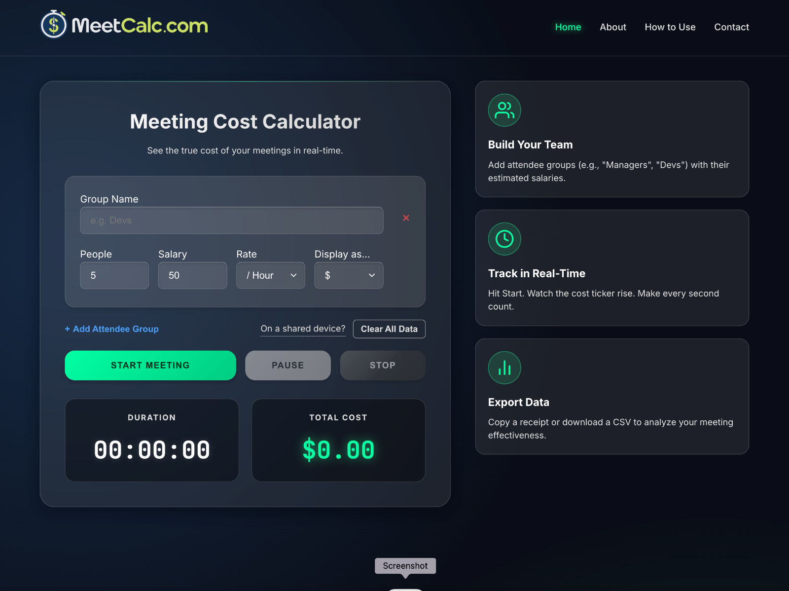 The interface of the MeetCalc.com free online meeting calculator tool at meetcalc.com