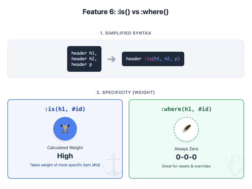 Feature 6: :is() vs :where() example