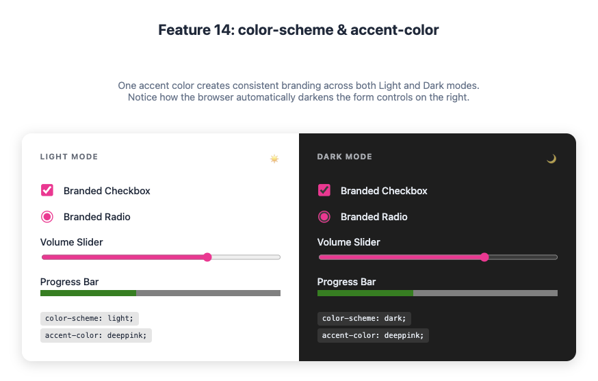 Feature 14: color-scheme & accent-color example